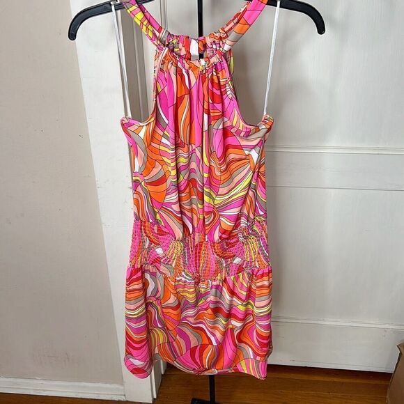 Trina Turk Women's Juju Halter Neck Dress/Swim Cover Up Bright Floral Ruched Sma - Picture 2 of 8